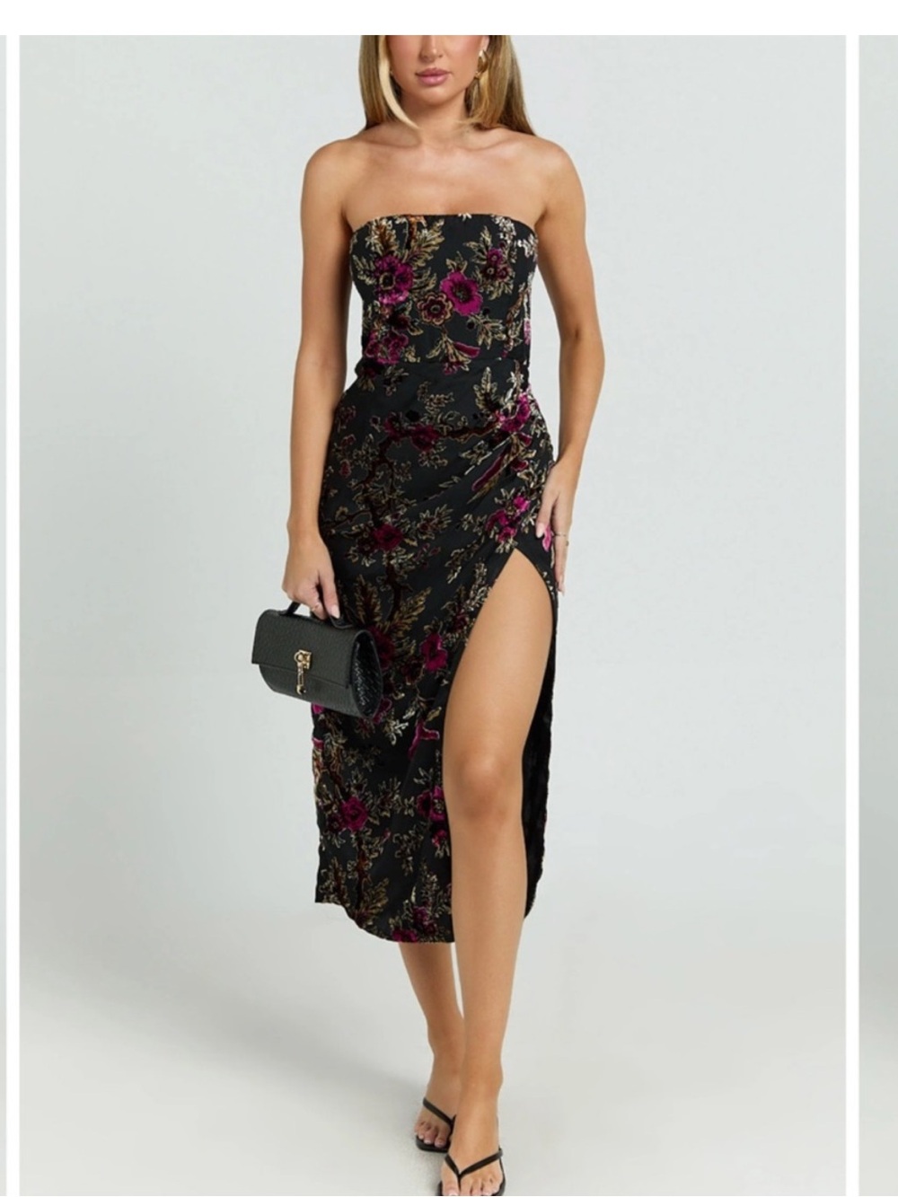 Showpo Black Strapless Floral Velvet Midi Dress with Side Slit